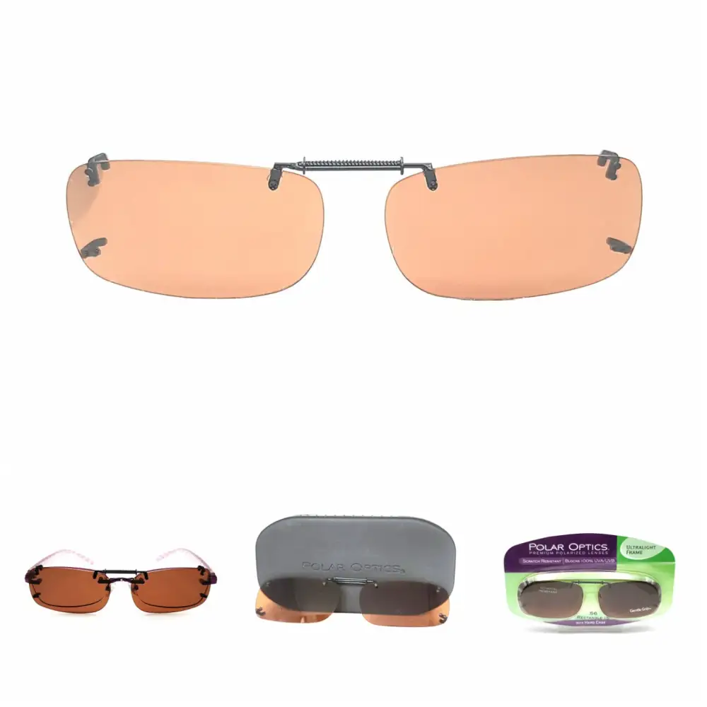 Frameless Amber Lens 56mm Rectangular Polarized Clip-On Sunglasses with Hard Case