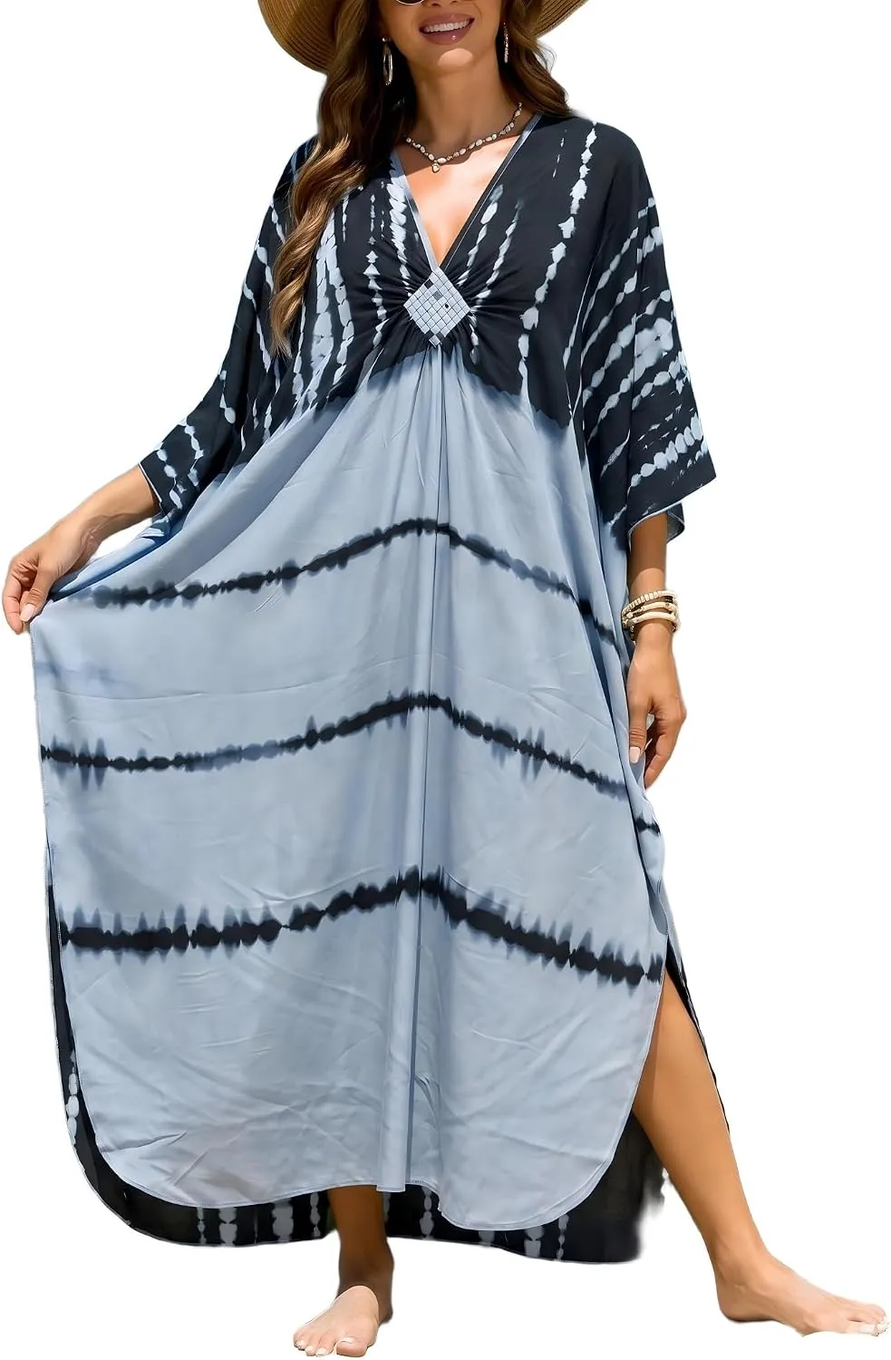 IMAGEKOPE Kaftan Dresses for Women Plus Size V-Neck Moo Moos Batwing Kaftan Beach Dress Bathing Suit Cover-Up Loungewear