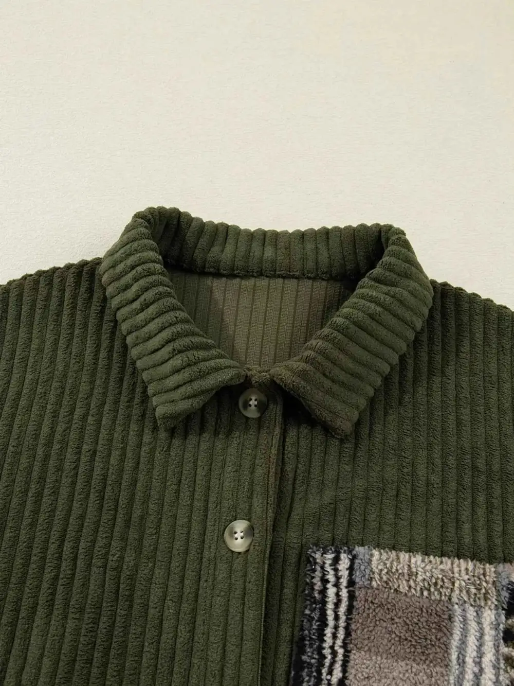 Ribbed Fleece Plaid Printed Patchwork Button-Up Jacket