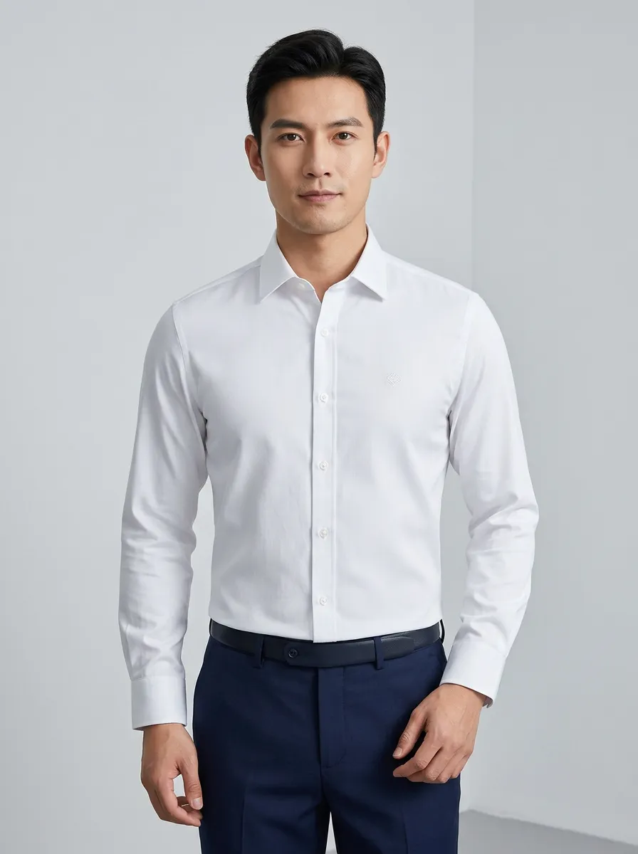 Men's Business Casual Non-Iron Cotton Embroidered Logo Long Sleeve Shirt