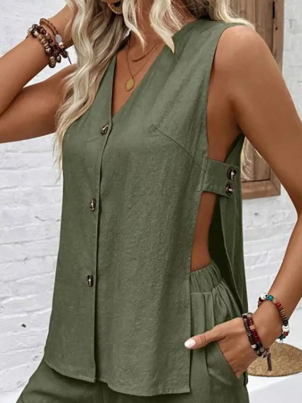 Sleeveless Button Down Top and Shorts Set