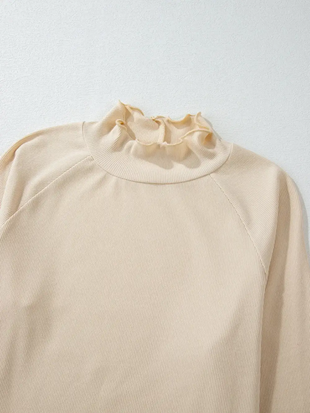 Ribbed Knit Lettuce Trim Mock Neck Long Sleeve Top