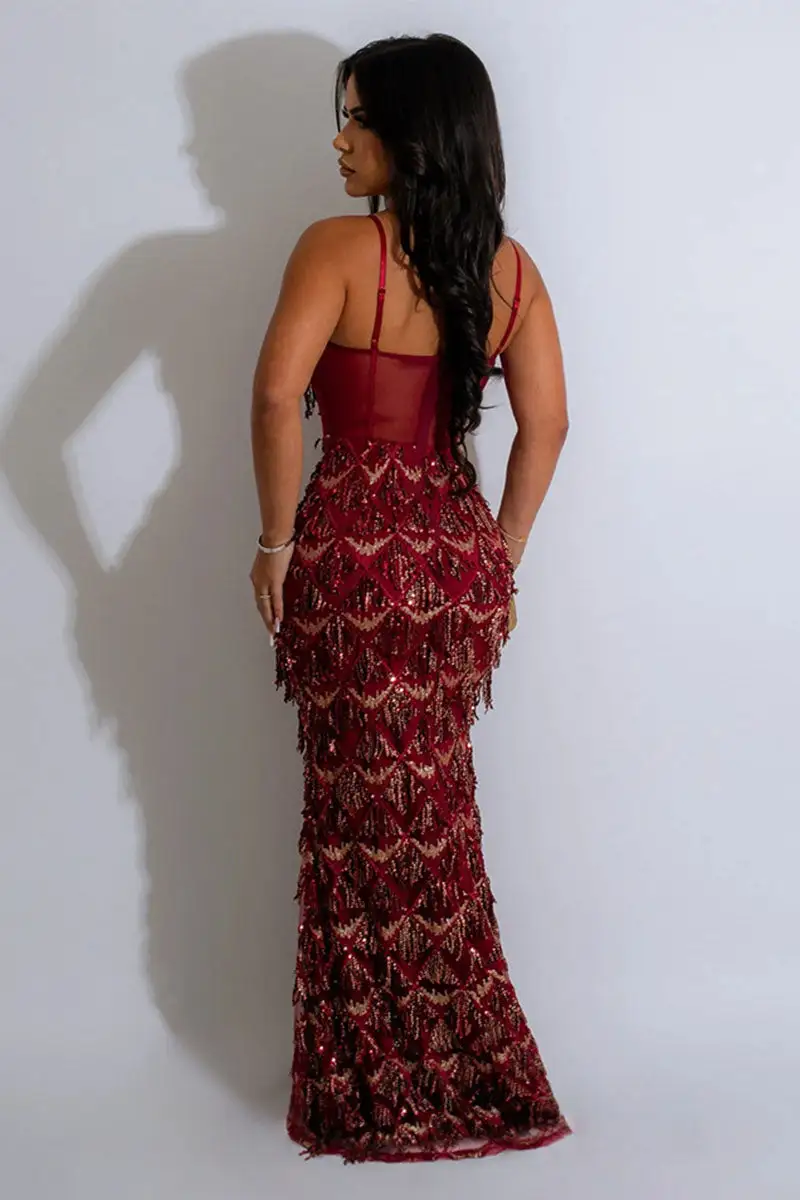 Cami Corset Sequin Fringed Gowns Maxi Dresses-Champagne