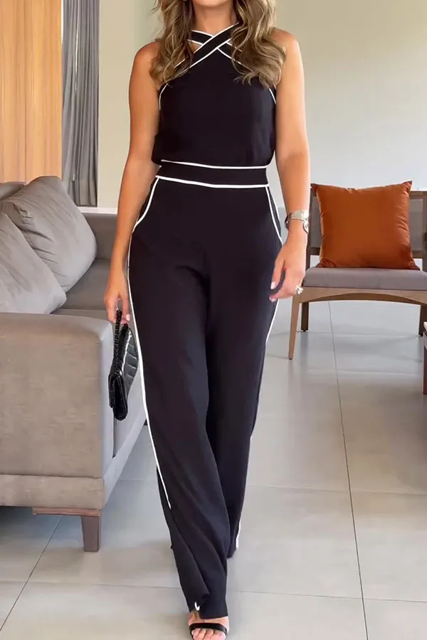 Colorblock Cross Halter Sleeveless Pant Set