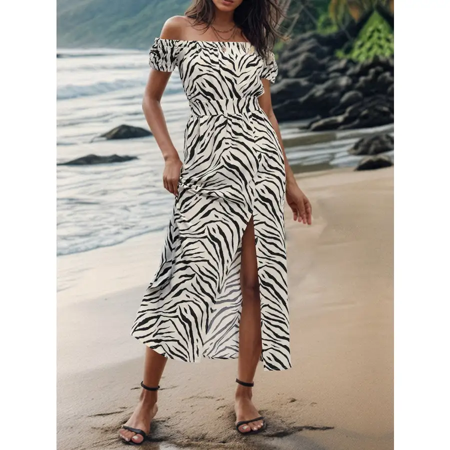 Slit Animal Off-Shoulder Midi Dress