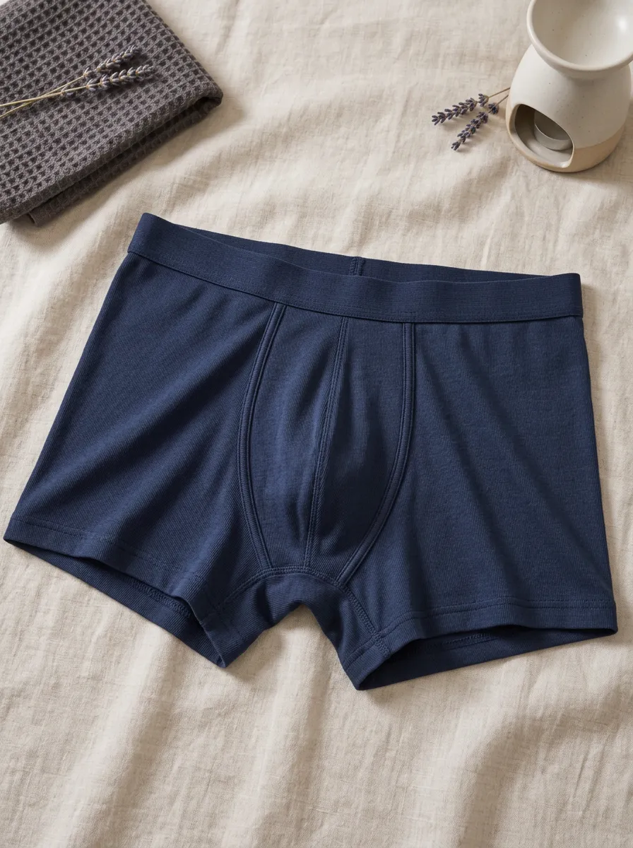 Men's Solid Navy Blue Ribbed Cotton Boxer Briefs