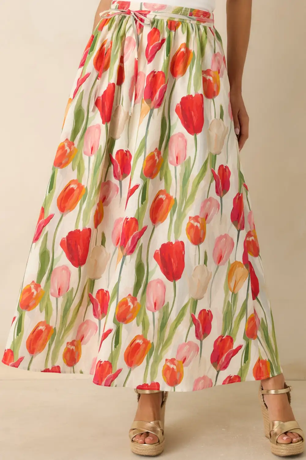 Multicolor Linen Blend Floral Midi Skirt