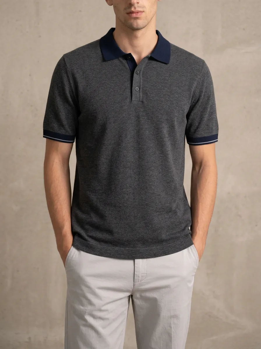 Men's Casual Minimalist Charcoal Grey Contrast Collar Polo Shirt