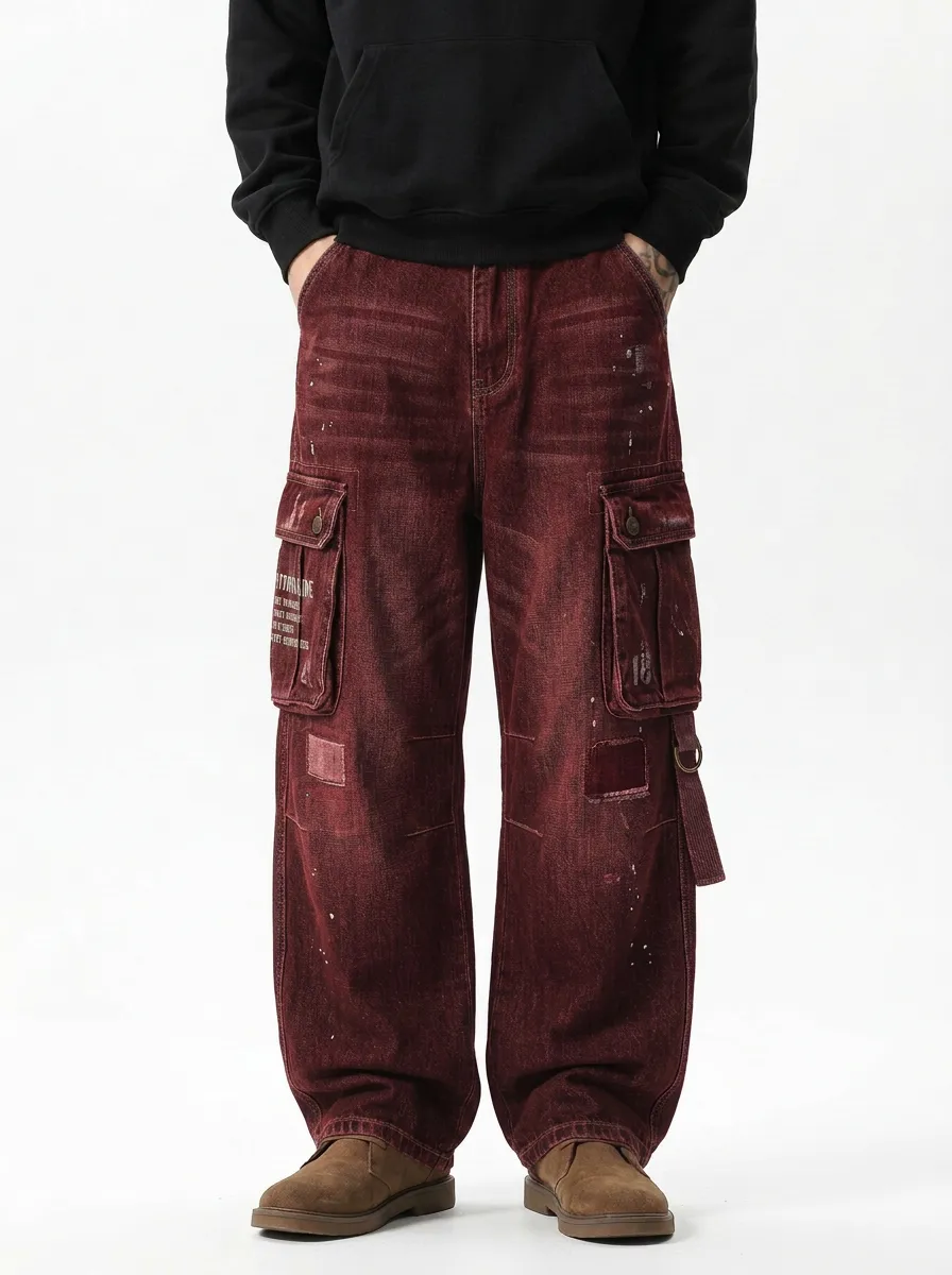 Men's Streetwear Distressed Denim Paint Splatter Graphic Cargo Pants