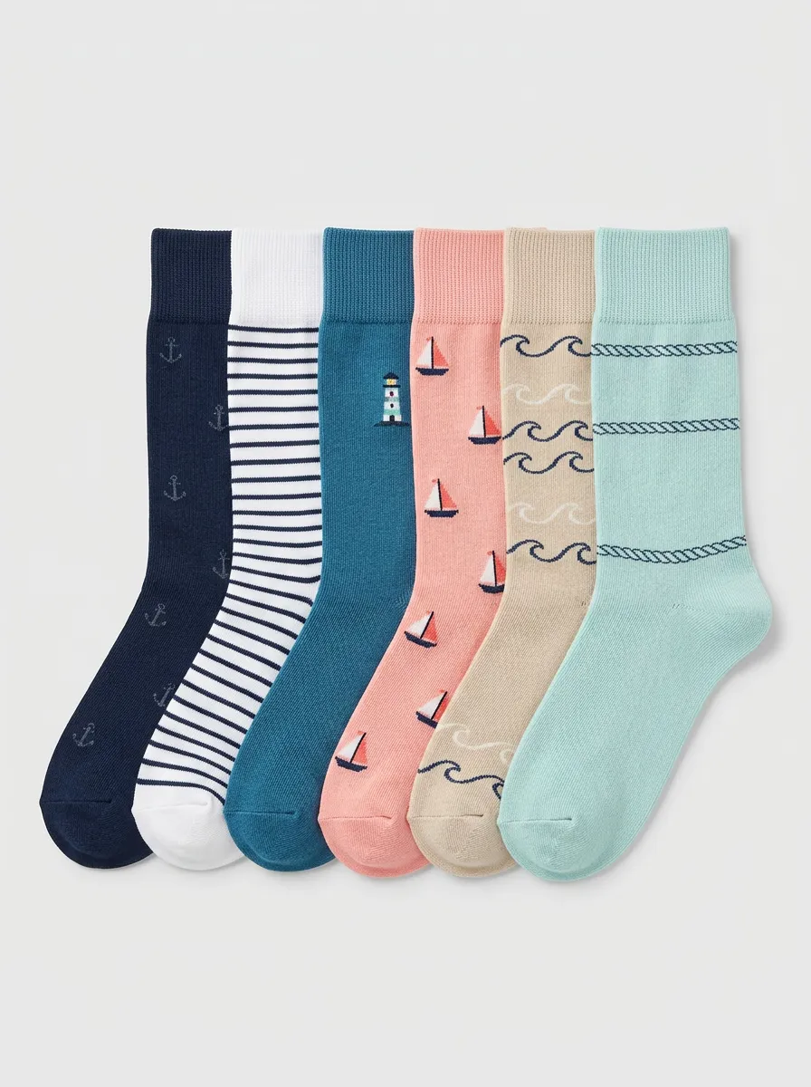 Nautical Comfort Six-Pair Printed Crew Sock Pack