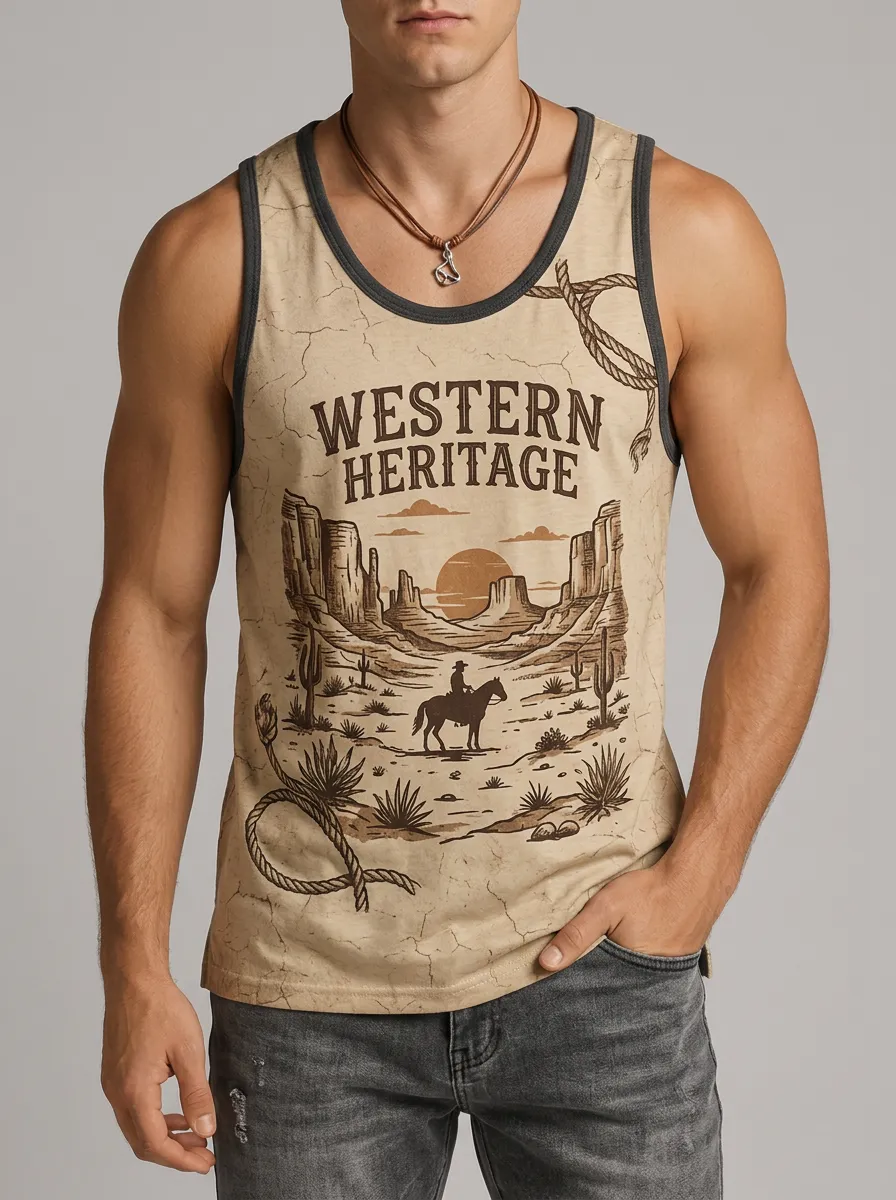 Men's Western Heritage Cowboy Desert Printed Tank Top