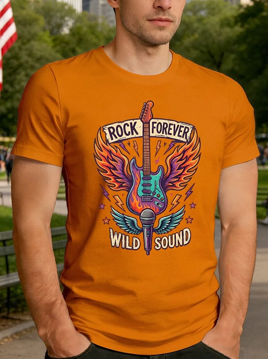 Men's Rock Music Lover Flaming Guitar Microphone Printed T-shirt