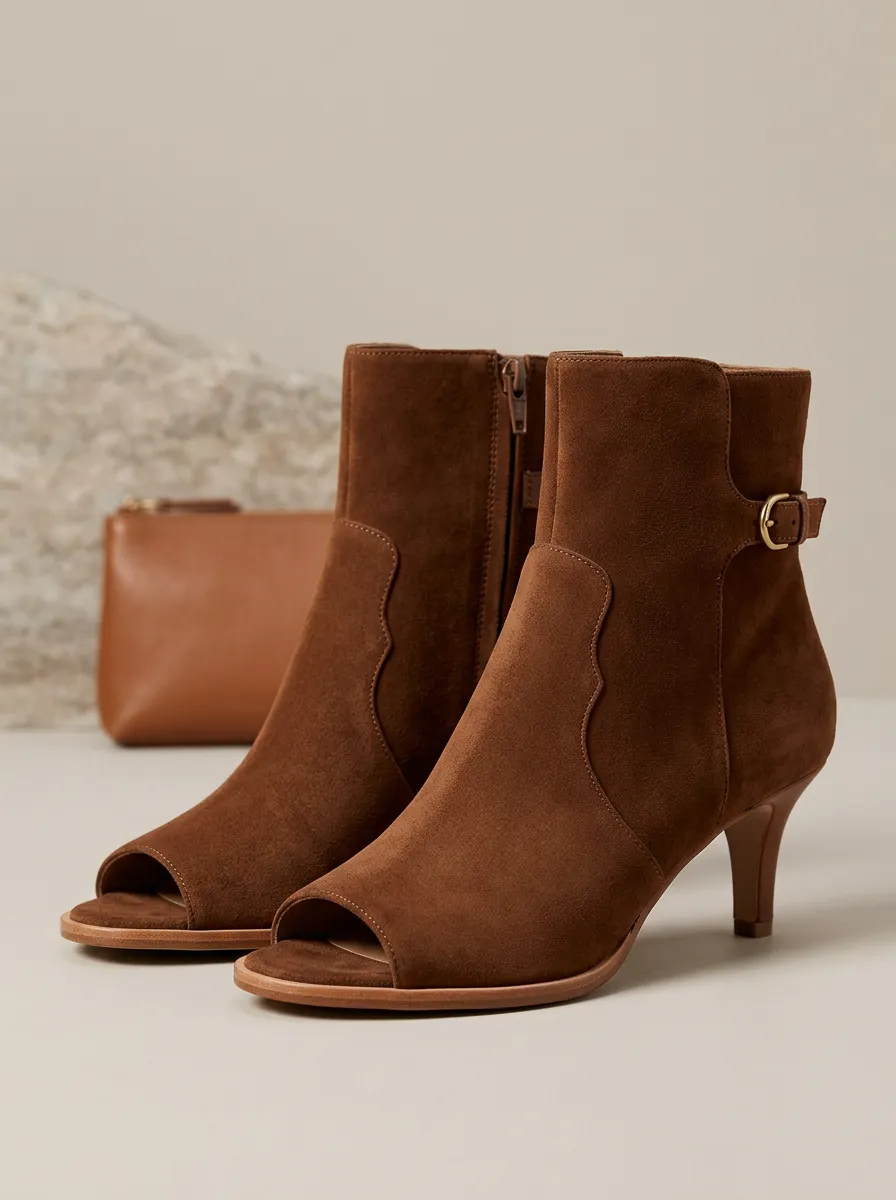 Buckle-Detail Suede-Look Women's Peep-Toe Ankle Boots