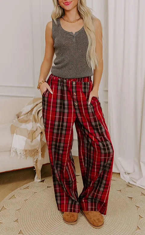 High Waist Relaxed Wide Leg Plaid Button Fly Pants