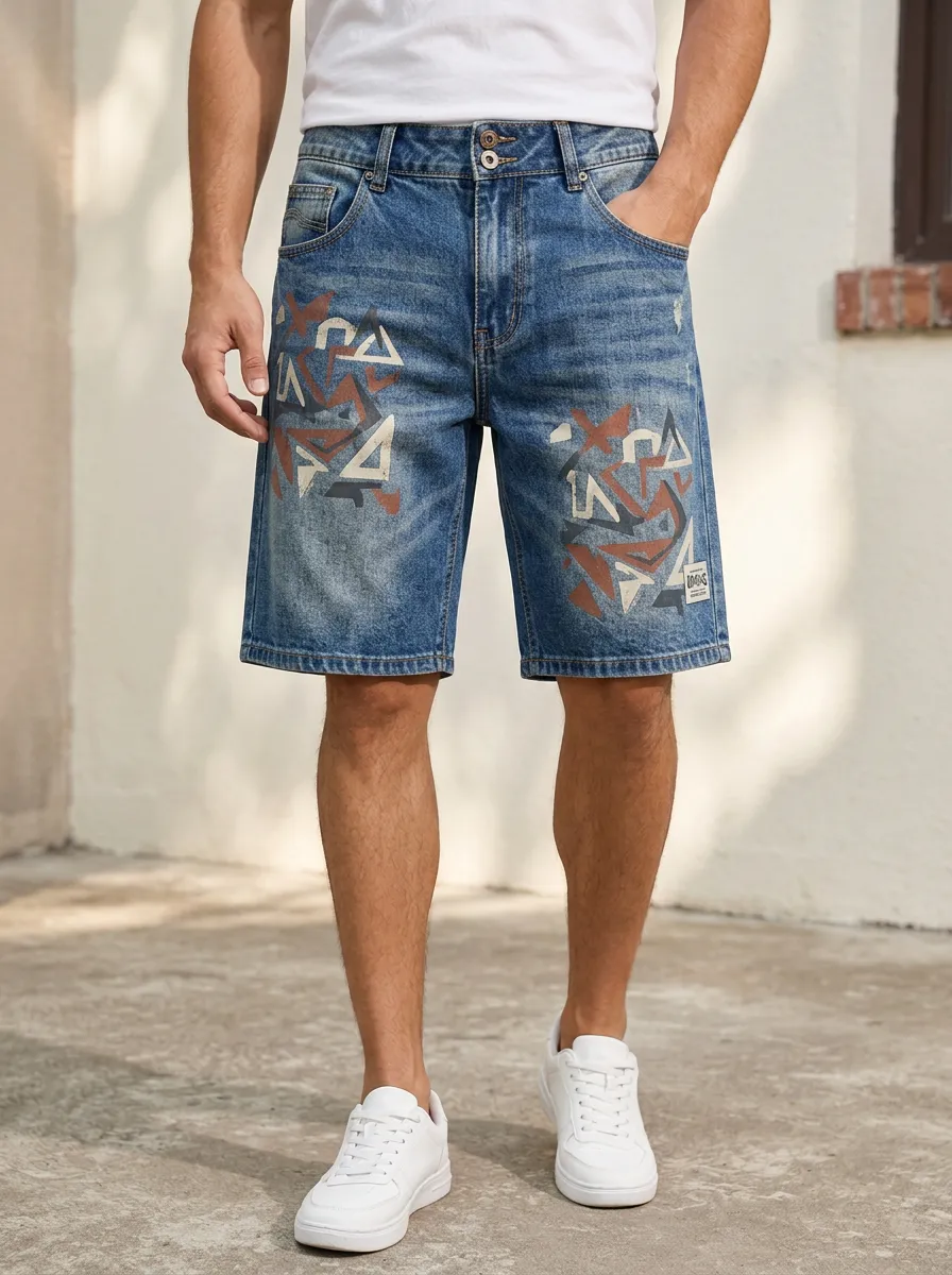 Men's Streetwear Geometric Pattern Printed Denim Shorts