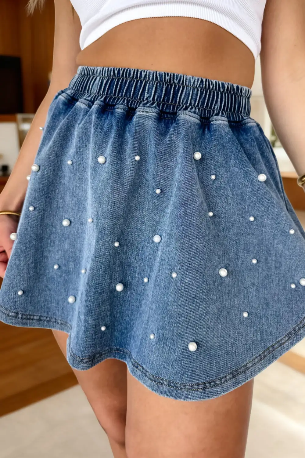 Denim Pearl Embellished Elastic Waist Mini Skort Denim Shorts