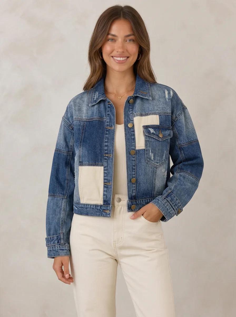 Women's Casual Fashion Patchwork Distressed Denim Jacket
