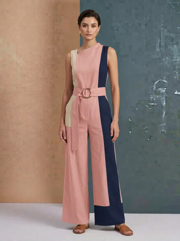 Women's Casual Chic Colorblock Asymmetric Belted Jumpsuit