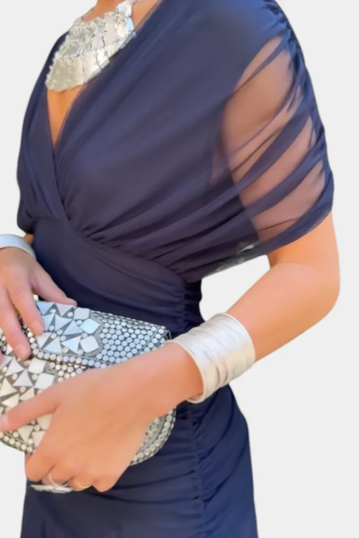  Off Shoulder V Neck Midi Dress