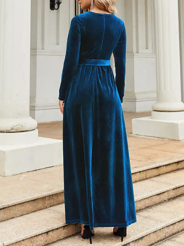 Pleated Wrap Belted Long Neck Maxi Dress