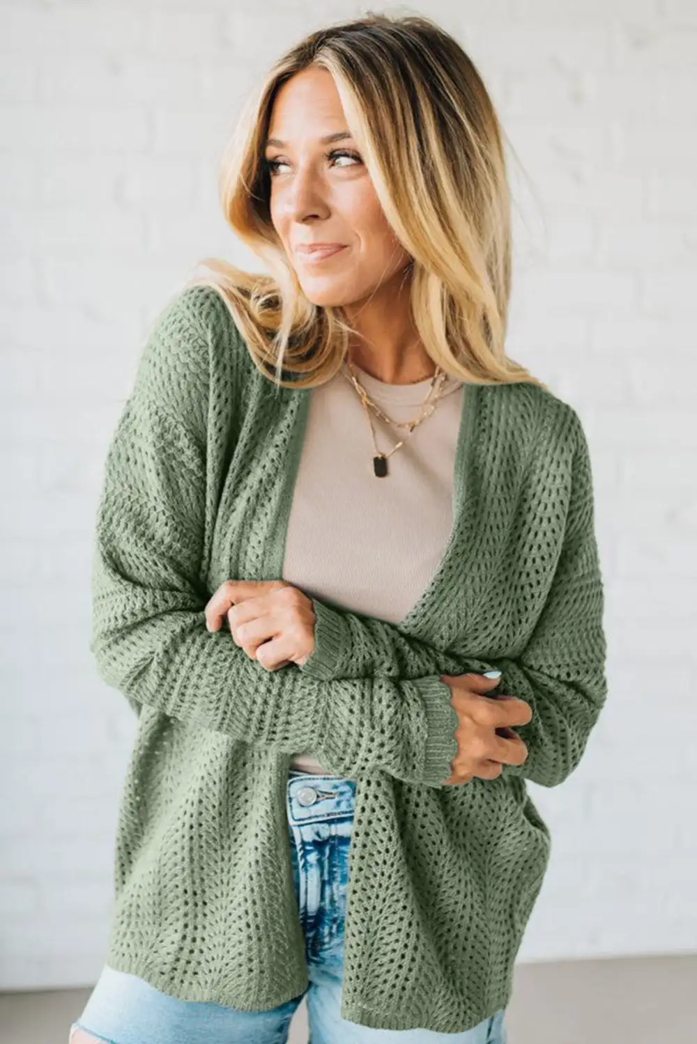 Scalloped Edge Eyelet Knit Batwing Sleeve Cardigan