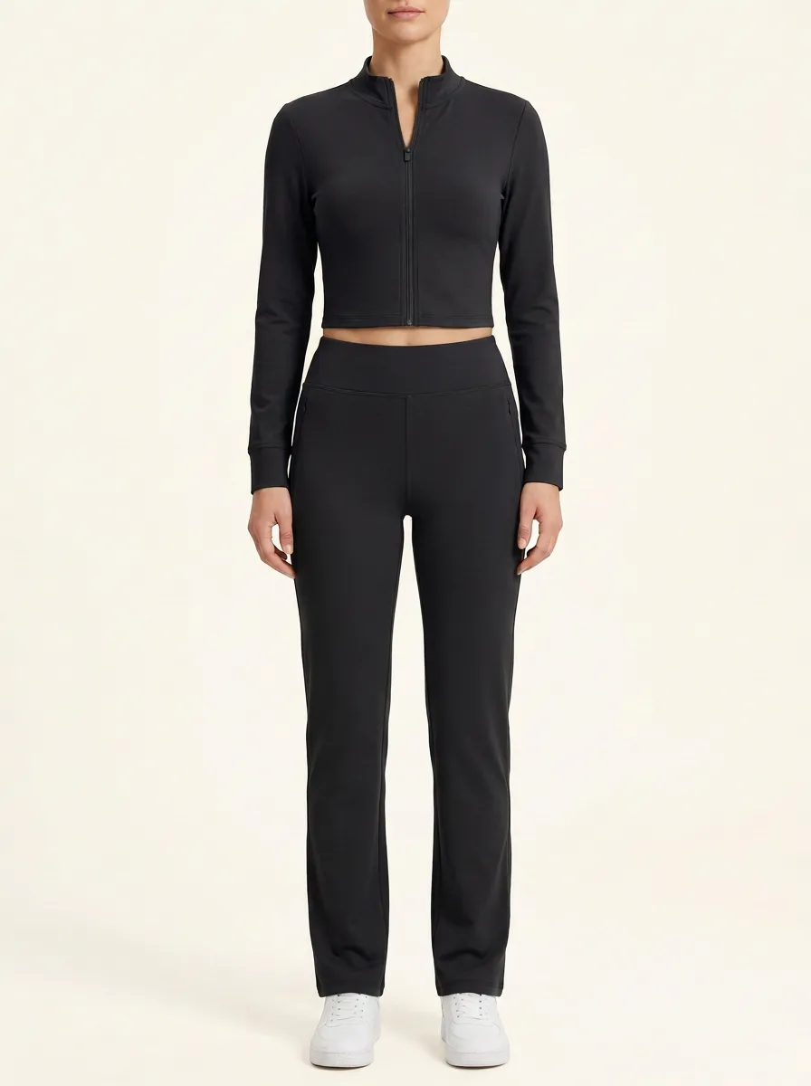 Women's Mock-Neck Zip-Up Cropped Jacket and Zip-Pocket Straight-Leg Pant Set