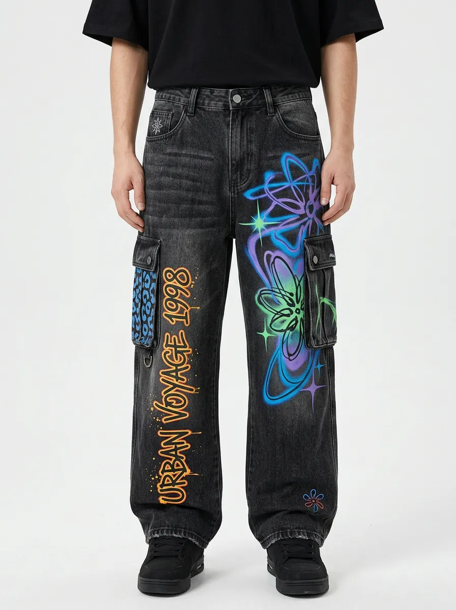 Men's Streetwear Urban Voyage Graffiti Flower Graphic Cargo Jeans