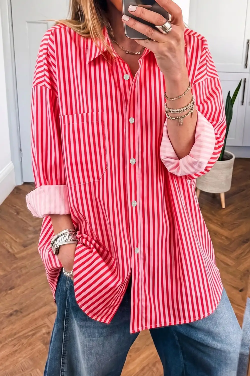 Women's Striped Long Sleeve Patch Pocket Blouse