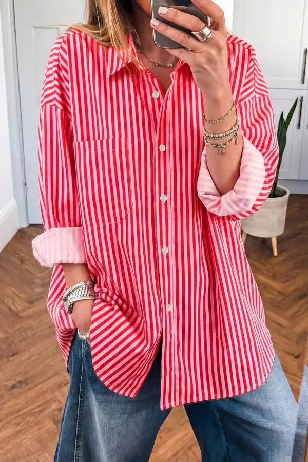 Women's Striped Long Sleeve Patch Pocket Blouse