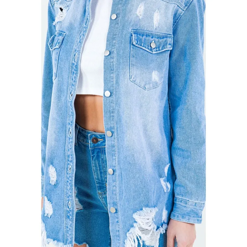 Frayed Hem Distressed Denim Shirt Jacket