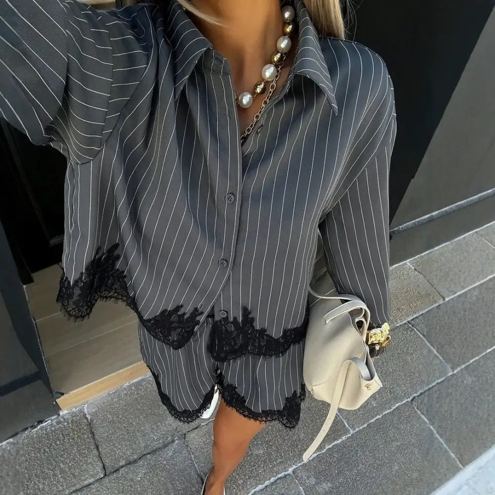 Drawstring Long-Sleeve Buttoned Women's Matching Set
