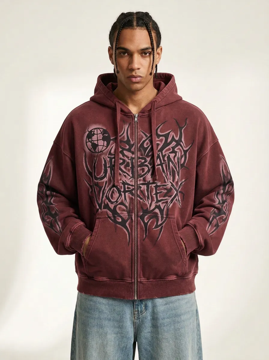 Men's Streetwear Urban Vortex Globe Tribal Printed Zip-up Hoodie