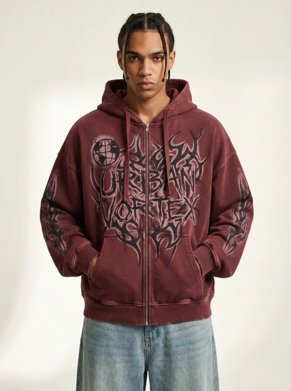 Men's Streetwear Urban Vortex Globe Tribal Printed Zip-up Hoodie
