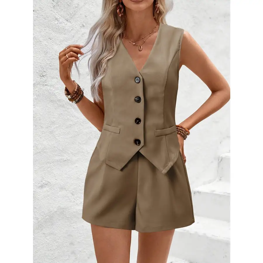 V Neck Button Down Vest and Shorts Set