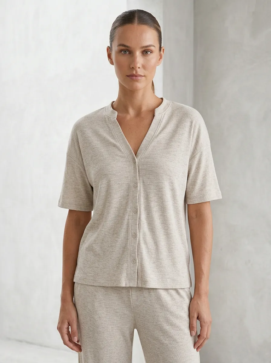 Short-Sleeve Ribbed Women's V-Neck Casual Lounge Set