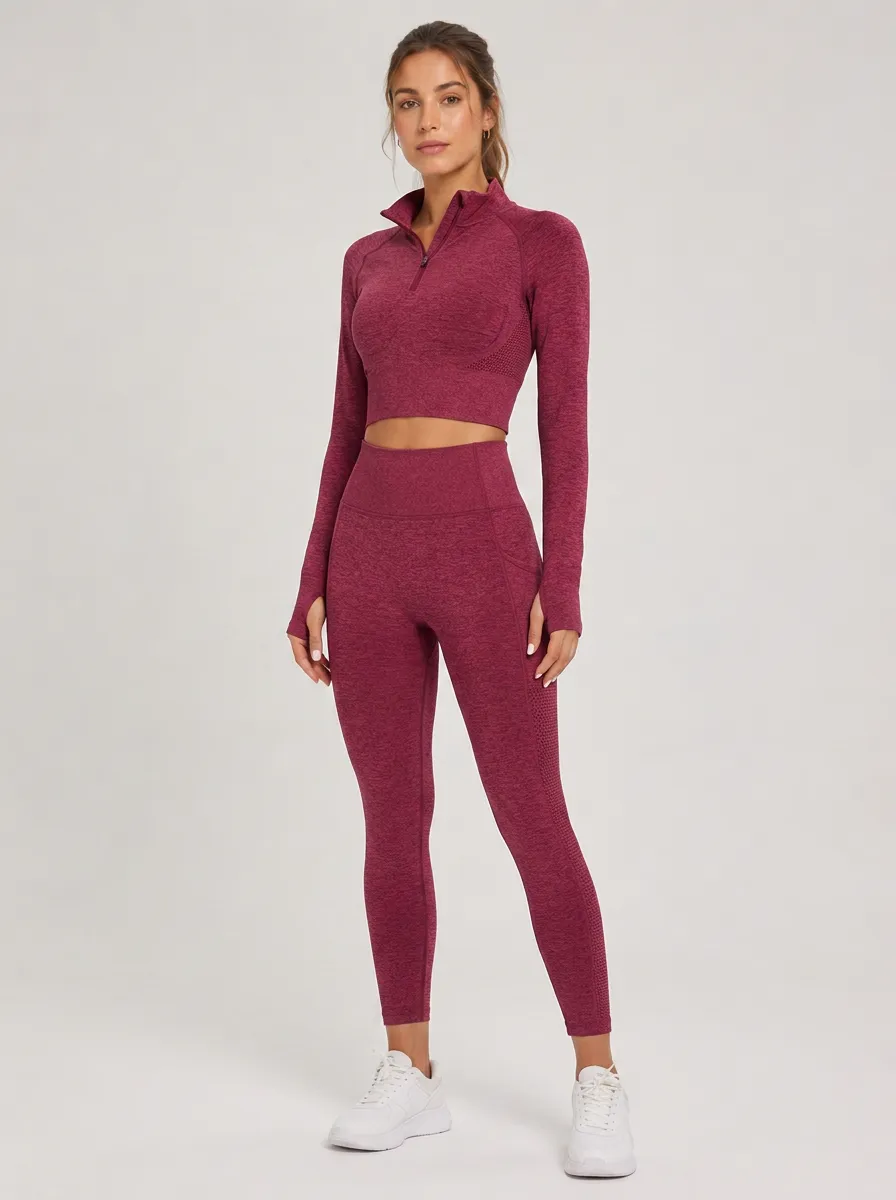 Women's Burgundy Seamless Quarter-Zip Crop Top High-Waist Leggings Set