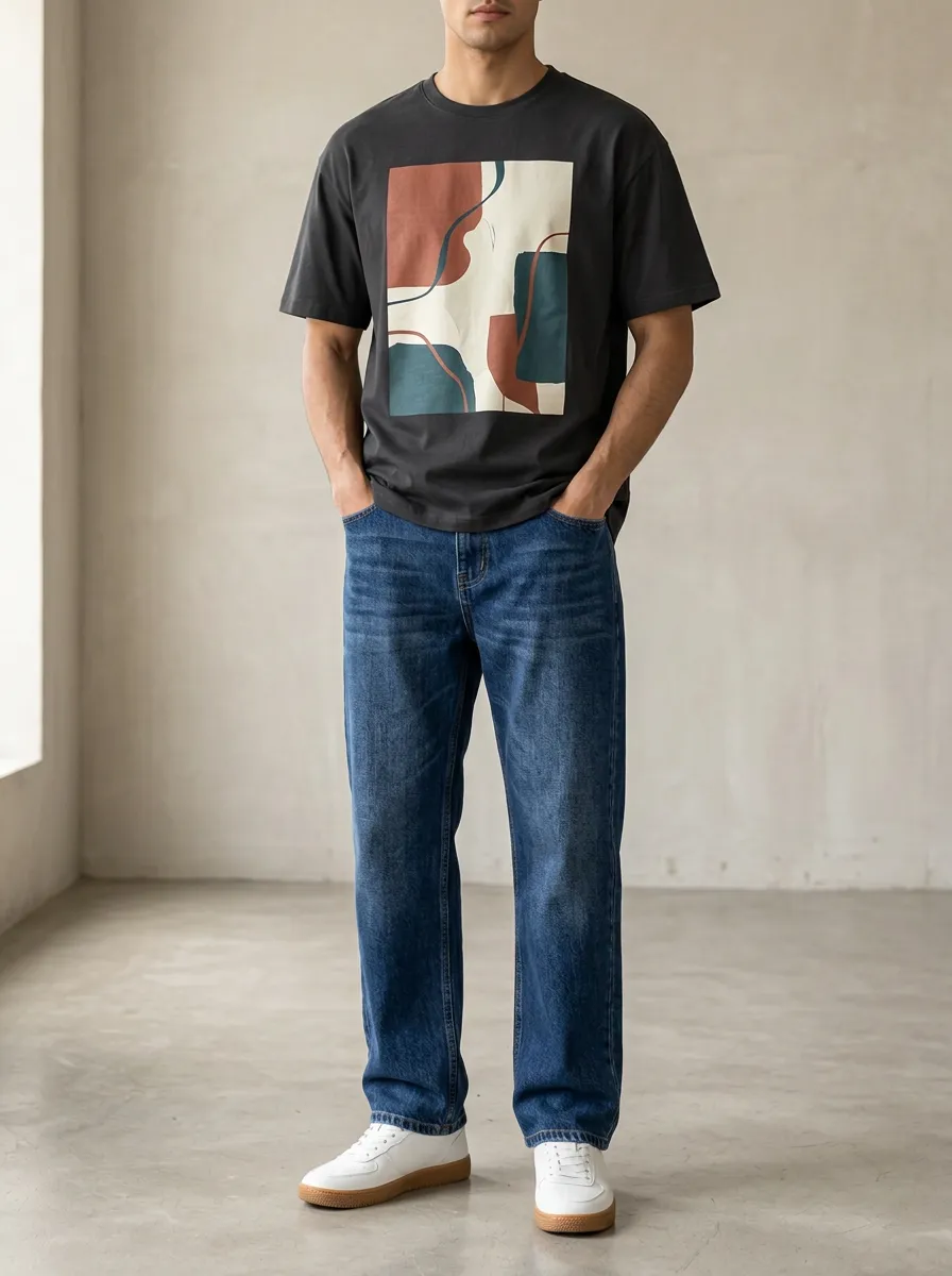 Men's Abstract Geometric Art Printed T-Shirt and Denim Jeans Set