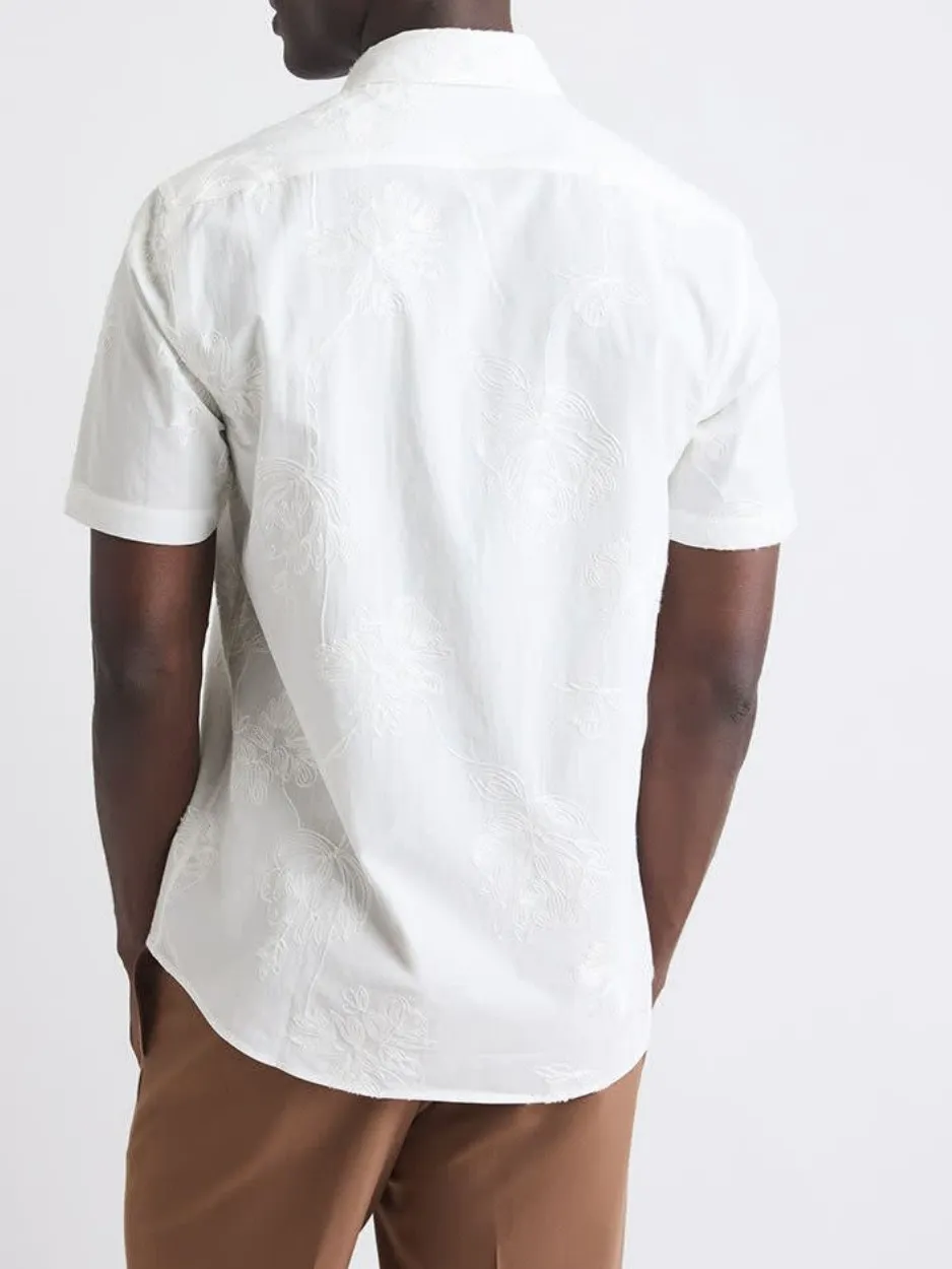 Bright white Tailored-Fit Shirt with Floral Embroideries