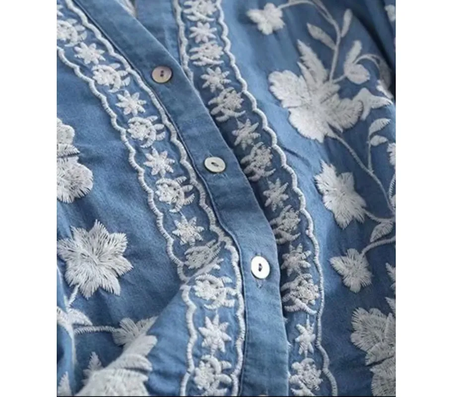 Floral Embroidered Button-Up Denim Shirt
