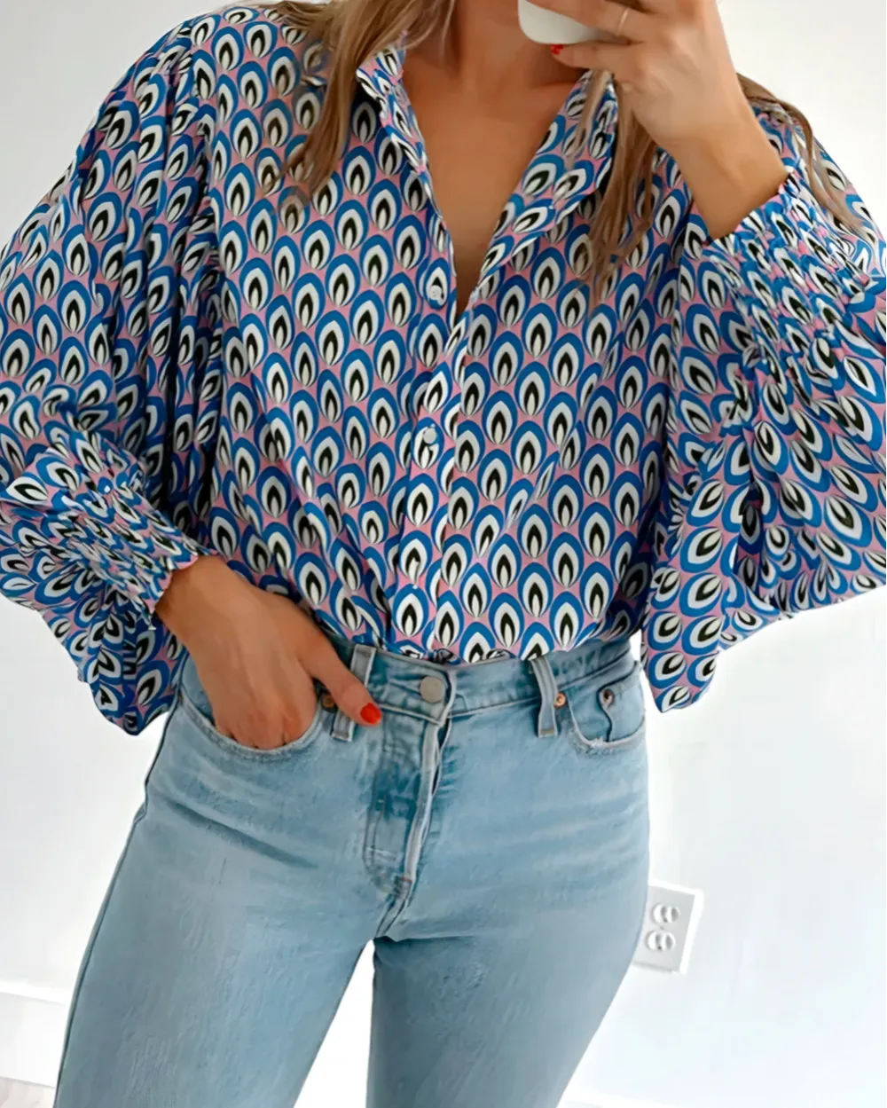 Abstract Print Shirred Puff Sleeve Shirt Blouse