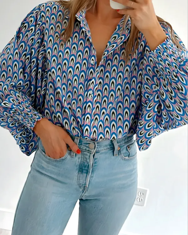 Abstract Print Shirred Puff Sleeve Shirt Blouse