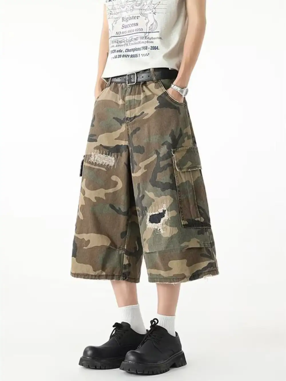 Men's Full Size Distressed Camouflage Denim Shorts Plus
