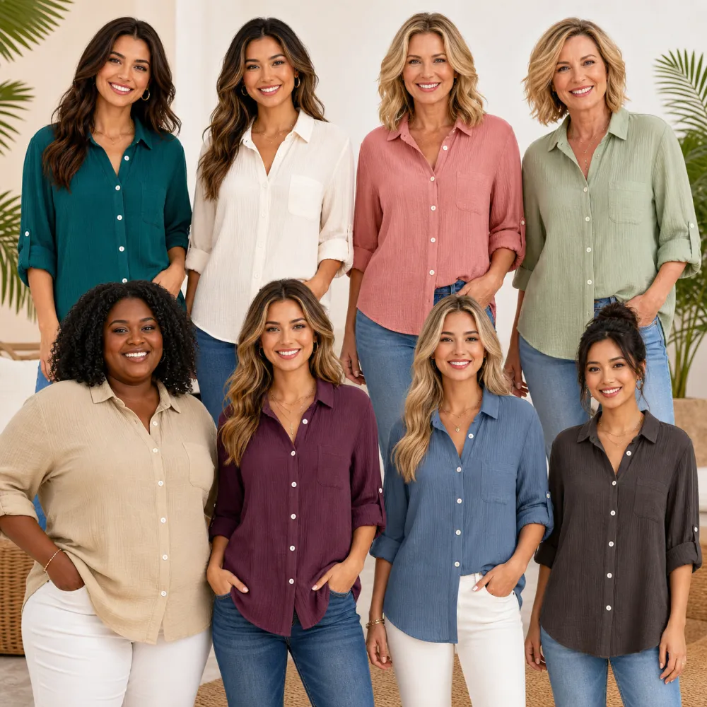Women's Crinkled Roll-Tab Button Front Blouse