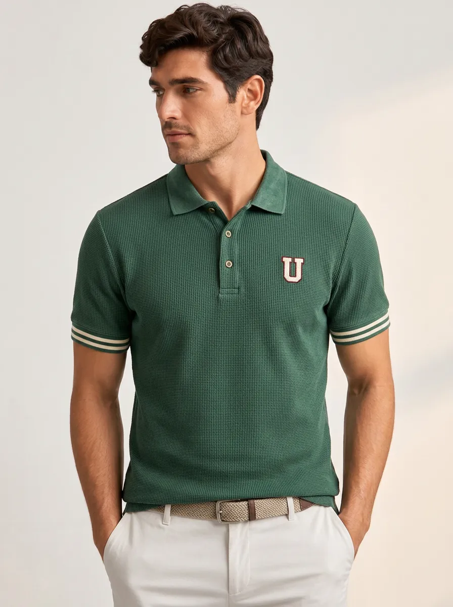 Men's Equestrian Lover Letter U Embroidered Waffle Polo Shirt