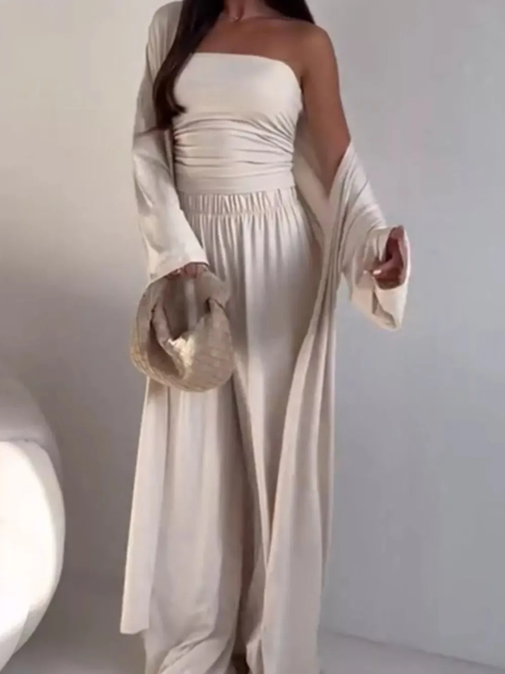 Tube Top & Cardigan & Wide Leg Pants Piece