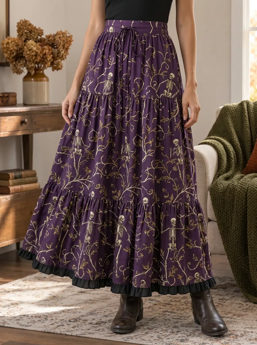 Women's Halloween Skeleton Floral Printed Tiered Maxi Skirt