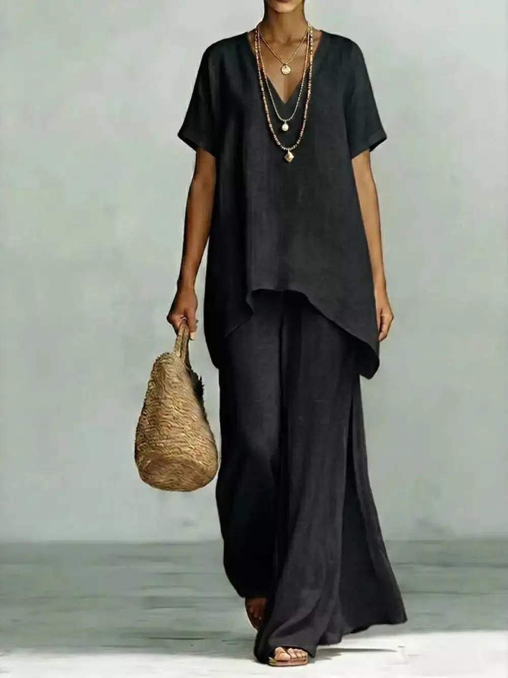 Full Size V Neck Top and Wide Leg Pants