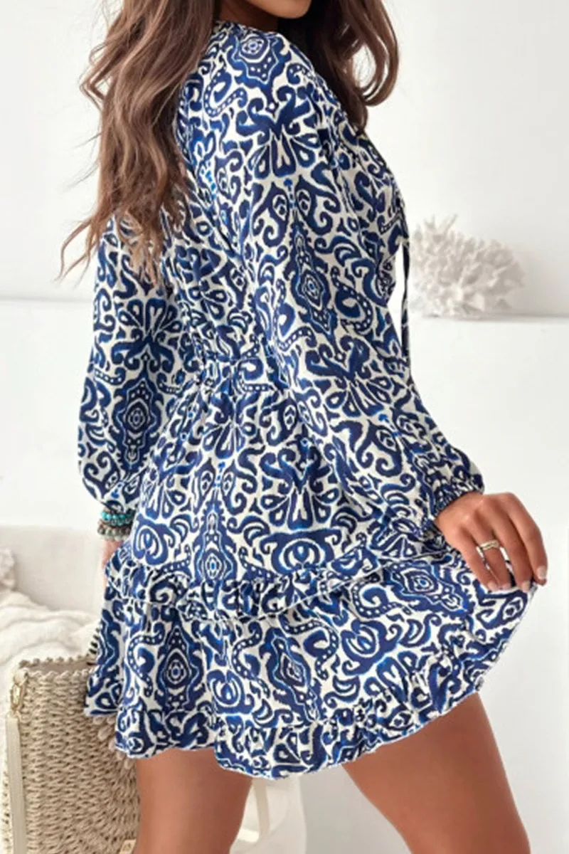 Vintage Print Lace Up V Neck Long Sleeve Mini Dress