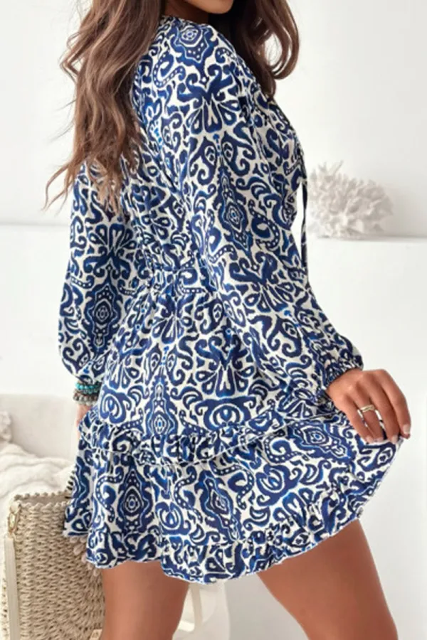 Vintage Print Lace Up V Neck Long Sleeve Mini Dress