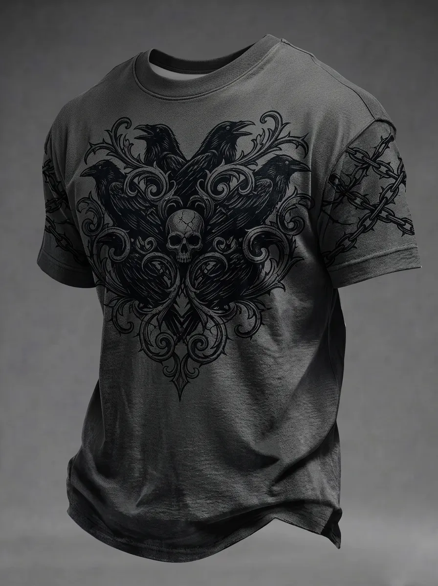 Statement Skull Raven Chain Alternative Look Men's Gothic T-Shirt